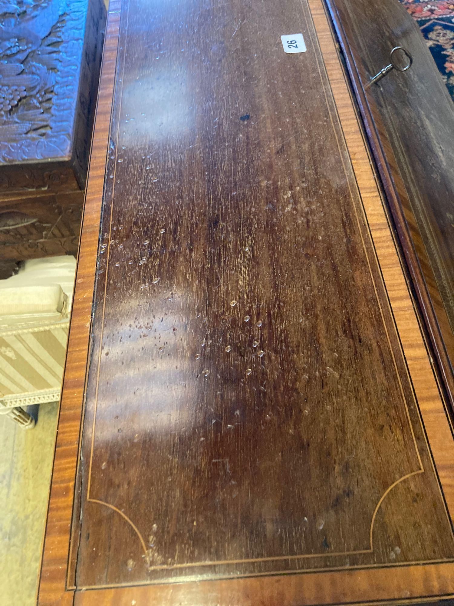 An Edwardian marquetry inlaid mahogany bureau, width 92cm